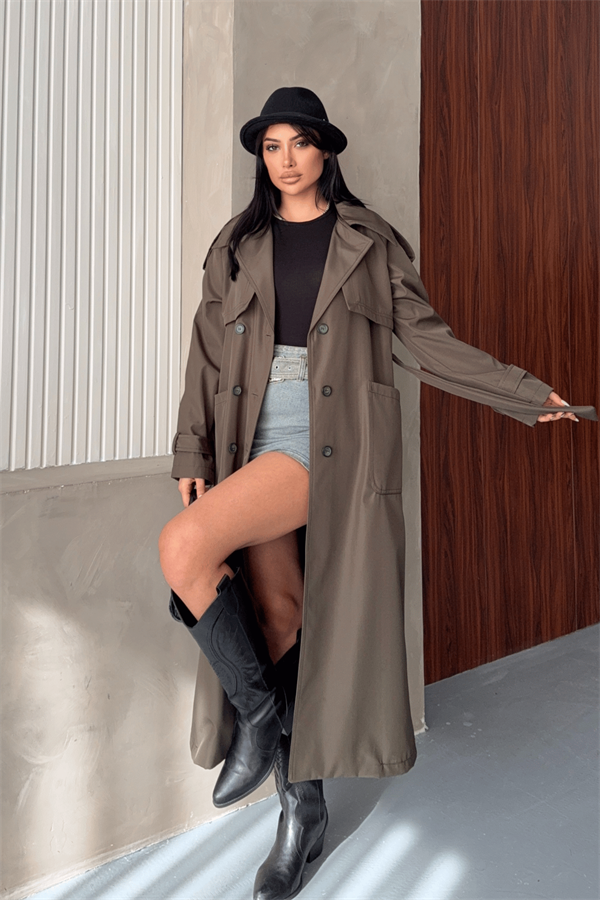 Bondit Kumaş Cepli Trençkot - HAKİ YEŞİLİ