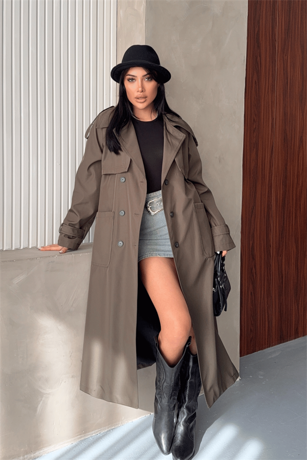 Bondit Kumaş Cepli Trençkot - HAKİ YEŞİLİ