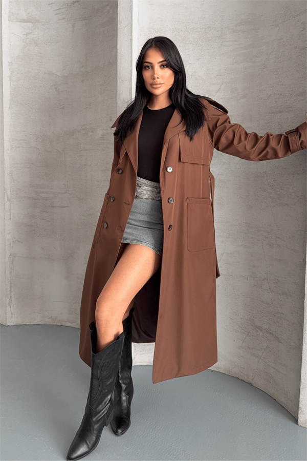 Bondit Kumaş Cepli Trençkot - KAHVERENGİ