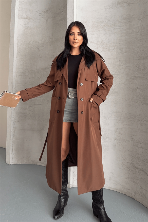 Bondit Kumaş Cepli Trençkot - KAHVERENGİ