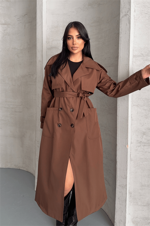 Bondit Kumaş Cepli Trençkot - KAHVERENGİ