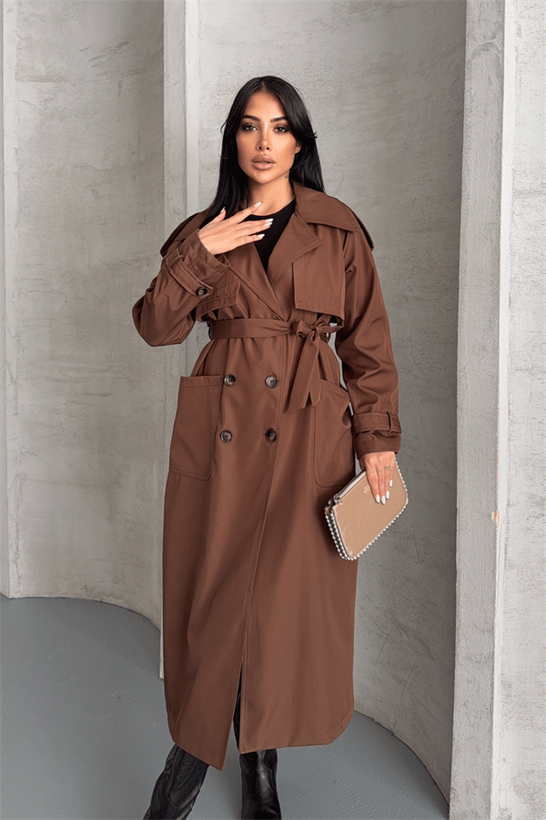 Bondit Kumaş Cepli Trençkot - KAHVERENGİ