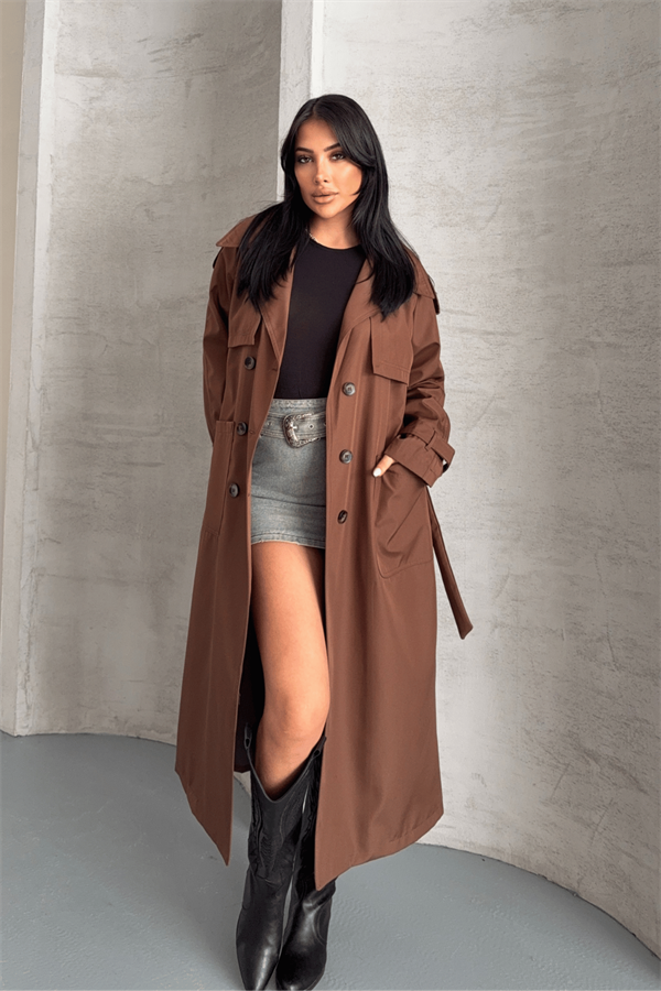 Bondit Kumaş Cepli Trençkot - KAHVERENGİ