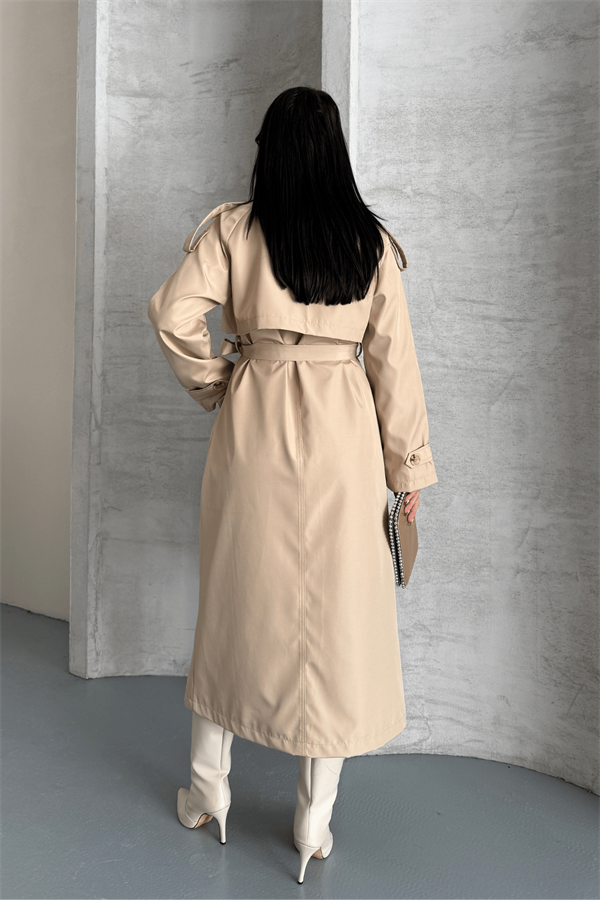 Bondit Kumaş Cepli Trençkot - KREM