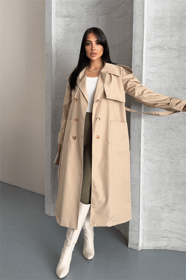 Bondit Kumaş Cepli Trençkot - KREM