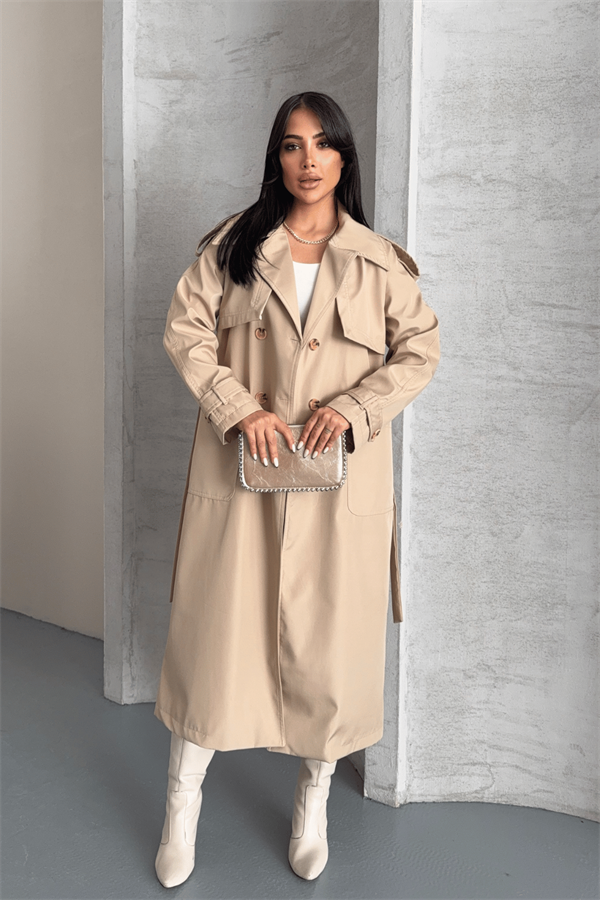 Bondit Kumaş Cepli Trençkot - KREM