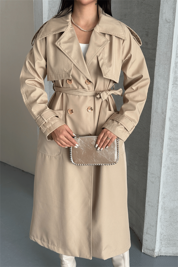 Bondit Kumaş Cepli Trençkot - KREM