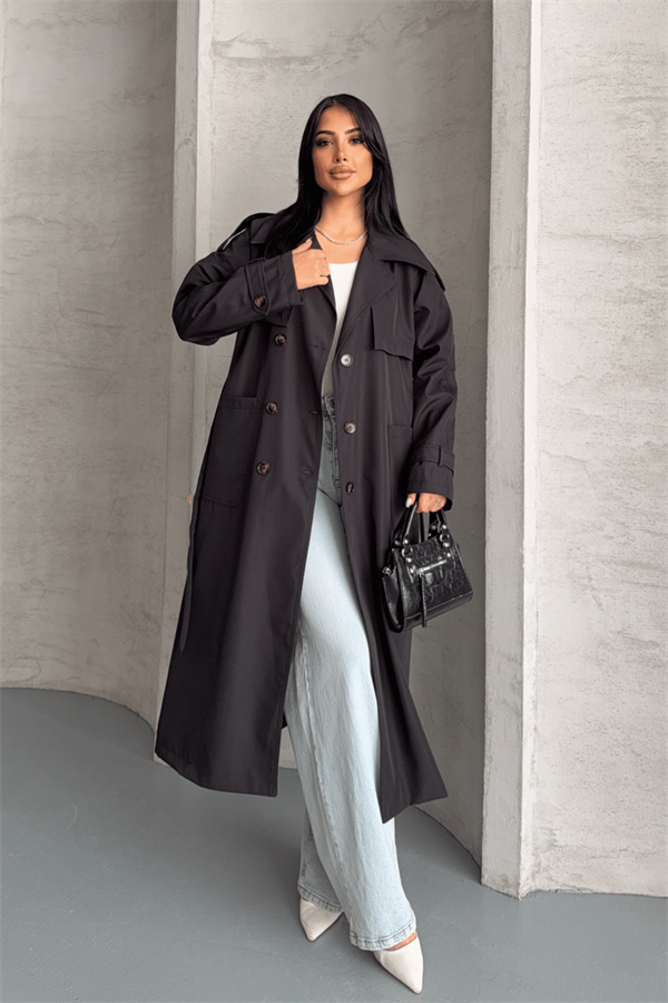 Bondit Kumaş Cepli Trençkot - SİYAH