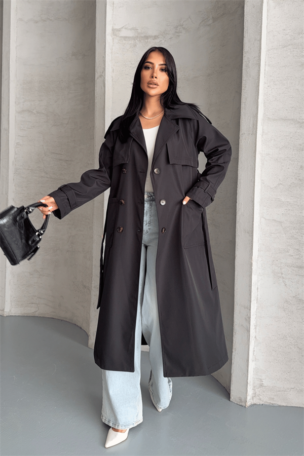 Bondit Kumaş Cepli Trençkot - SİYAH