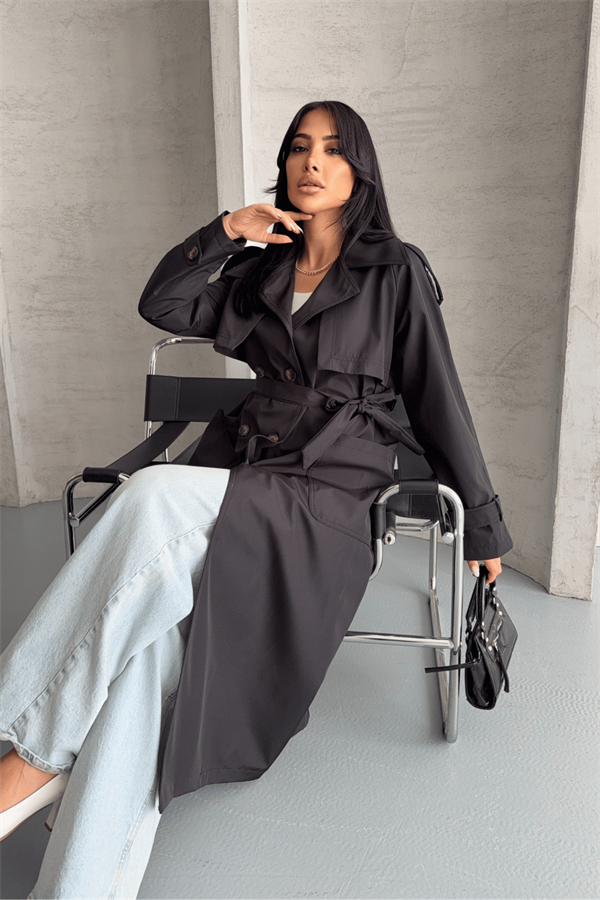 Bondit Kumaş Cepli Trençkot - SİYAH