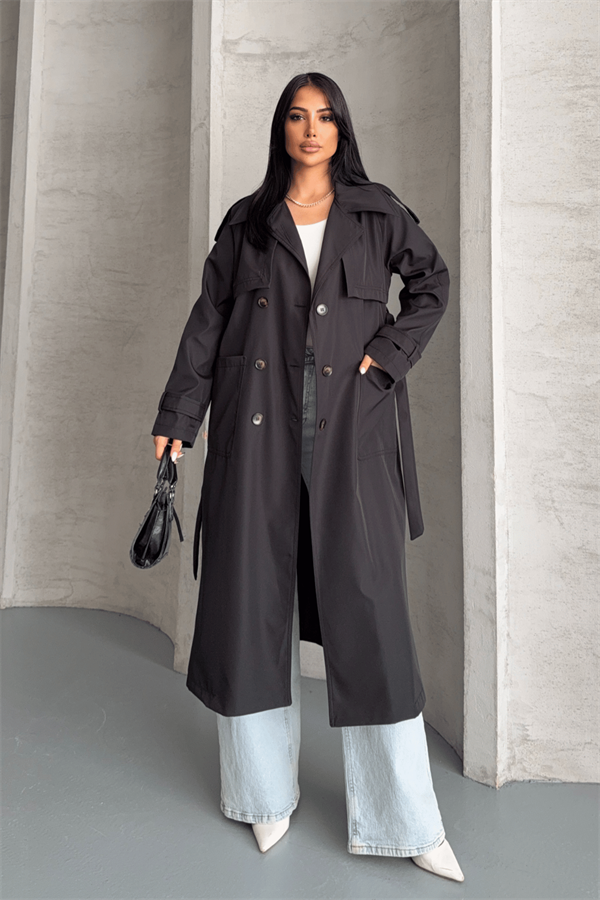 Bondit Kumaş Cepli Trençkot - SİYAH