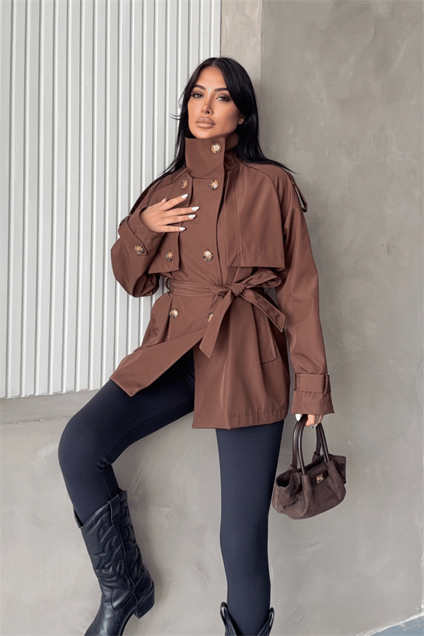 Bondit Kumaş Hakim Yaka Trençkot - KAHVERENGİ