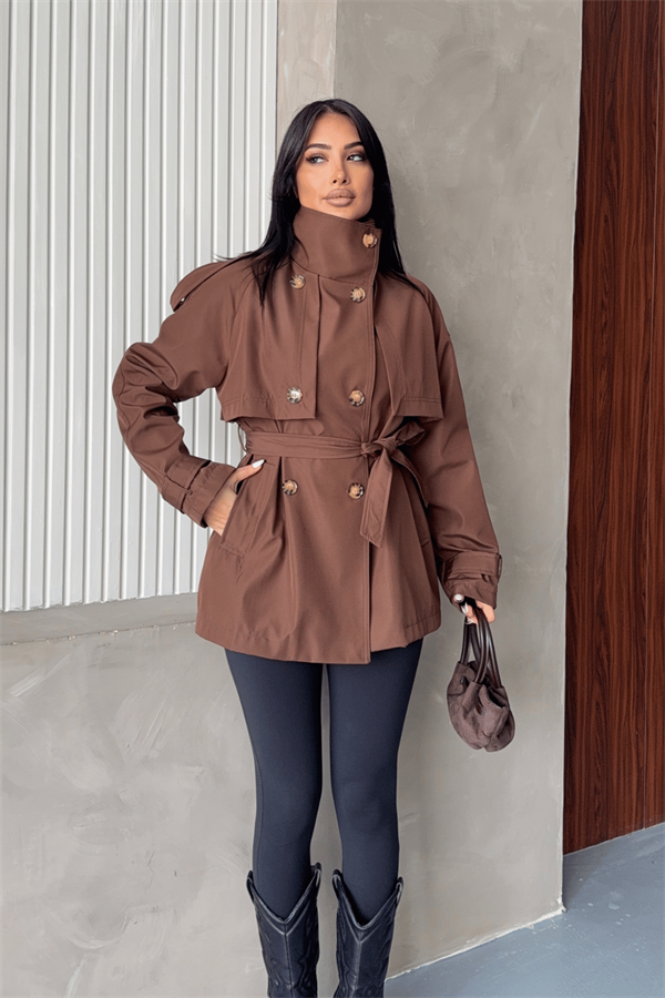 Bondit Kumaş Hakim Yaka Trençkot - KAHVERENGİ