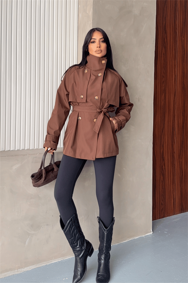 Bondit Kumaş Hakim Yaka Trençkot - KAHVERENGİ