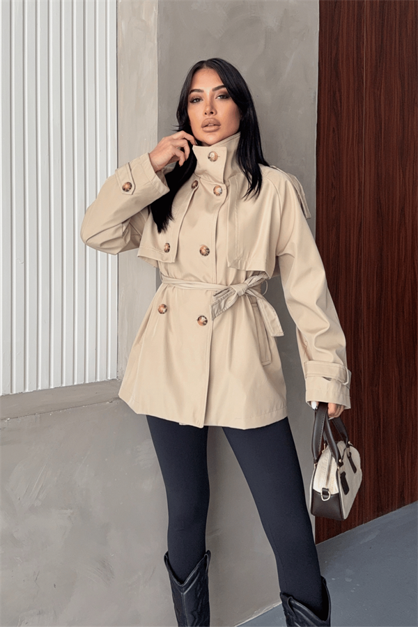 Bondit Kumaş Hakim Yaka Trençkot - KREM