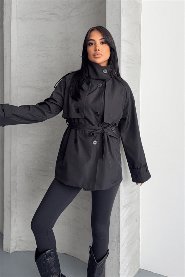 Bondit Kumaş Hakim Yaka Trençkot - SİYAH