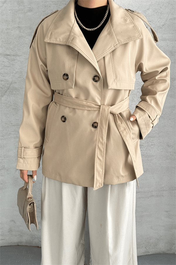 Bondit Kumaş Kısa Trençkot - BEJ