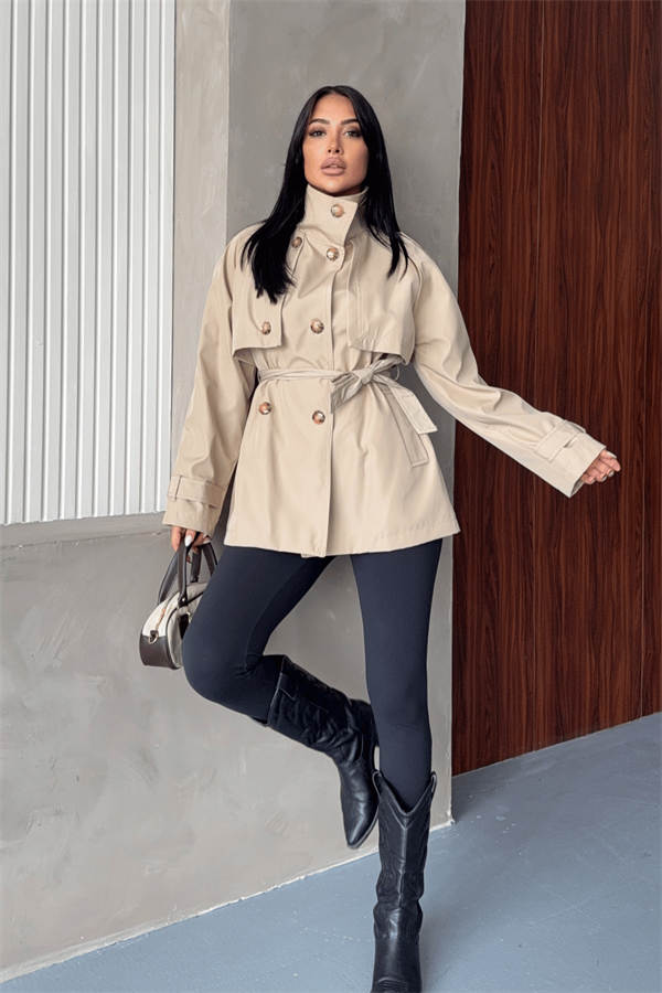 Bondit Kumaş Kısa Trençkot - BEJ