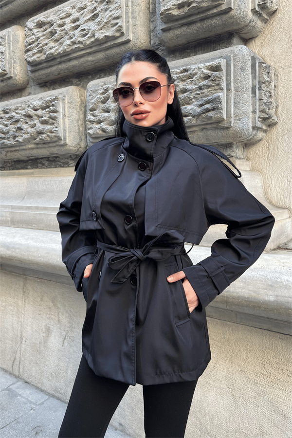 Bondit Kumaş Kısa Trençkot - ANTRASİT