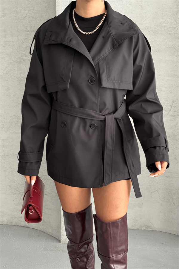 Bondit Kumaş Kısa Trençkot - ANTRASİT