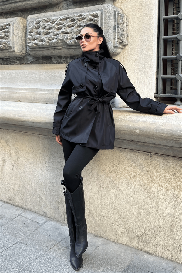 Bondit Kumaş Kısa Trençkot - ANTRASİT