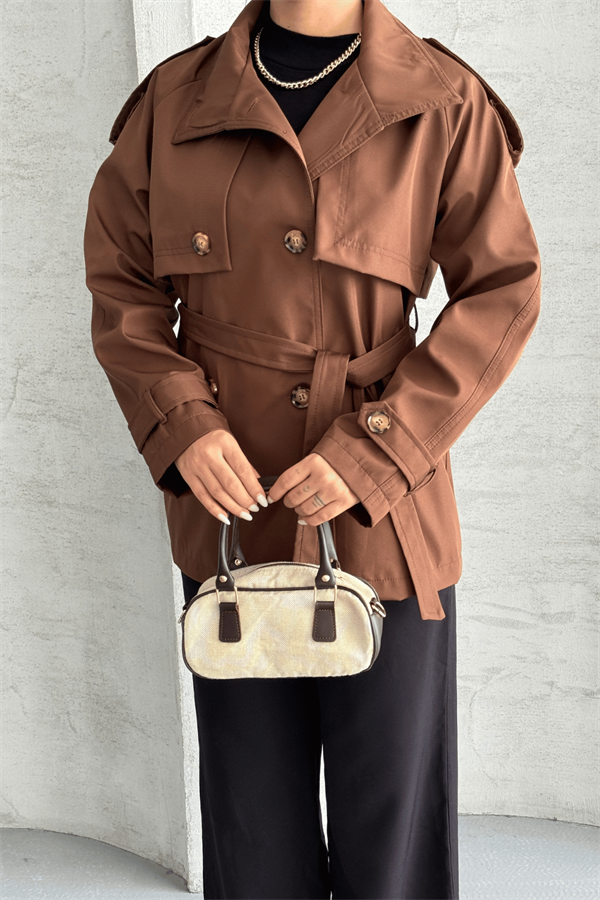 Bondit Kumaş Kısa Trençkot - TABA