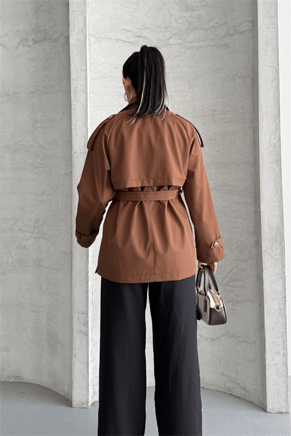 Bondit Kumaş Kısa Trençkot - TABA