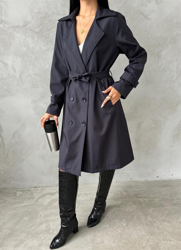 Bondit Kumaş Önü Düğmeli Trençkot - ANTRASİT