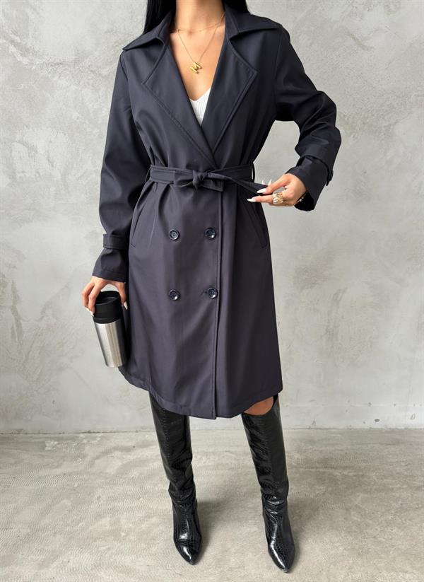 Bondit Kumaş Önü Düğmeli Trençkot - ANTRASİT