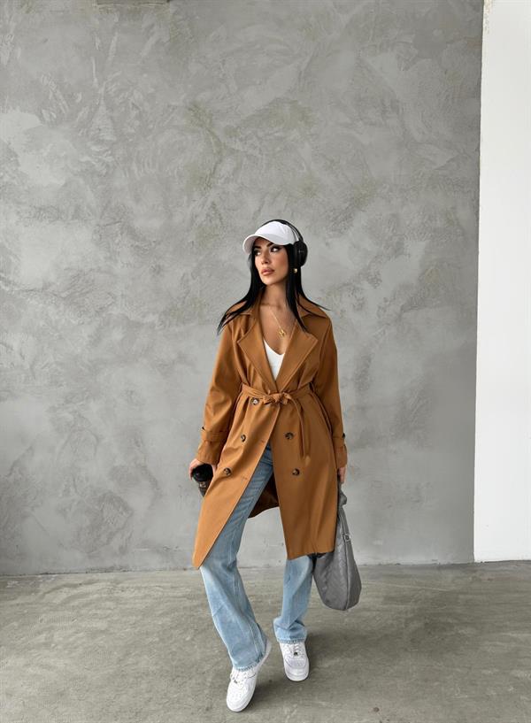 Bondit Kumaş Önü Düğmeli Trençkot - KAHVERENGİ