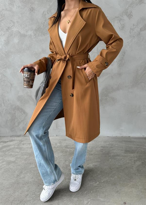Bondit Kumaş Önü Düğmeli Trençkot - KAHVERENGİ
