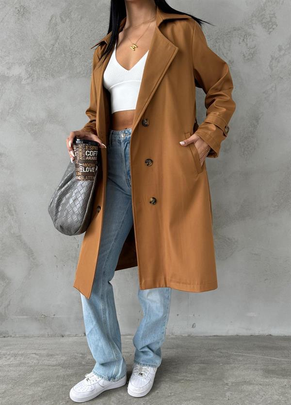 Bondit Kumaş Önü Düğmeli Trençkot - KAHVERENGİ