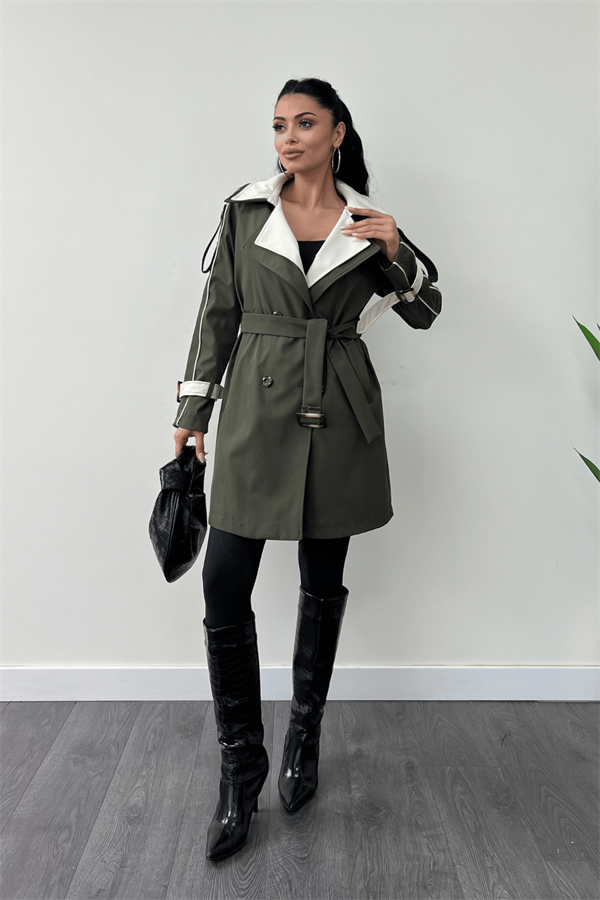 Bondit Kumaş Tasarım Trençkot - HAKİ YEŞİLİ