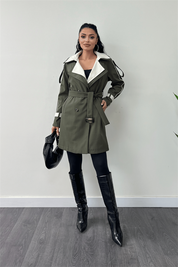 Bondit Kumaş Tasarım Trençkot - HAKİ YEŞİLİ