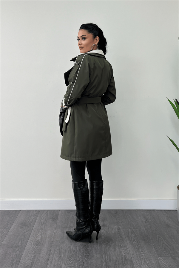 Bondit Kumaş Tasarım Trençkot - HAKİ YEŞİLİ
