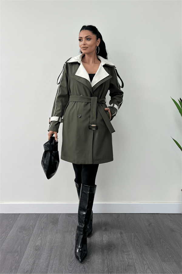 Bondit Kumaş Tasarım Trençkot - HAKİ YEŞİLİ