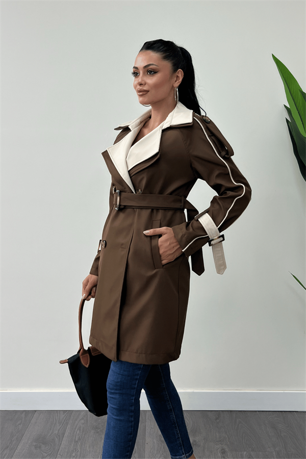 Bondit Kumaş Tasarım Trençkot - KAHVERENGİ