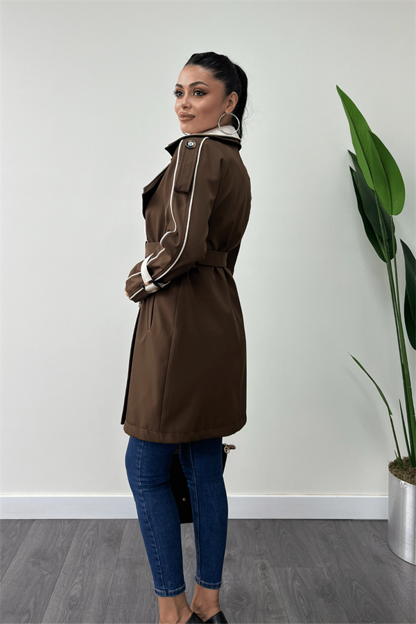 Bondit Kumaş Tasarım Trençkot - KAHVERENGİ