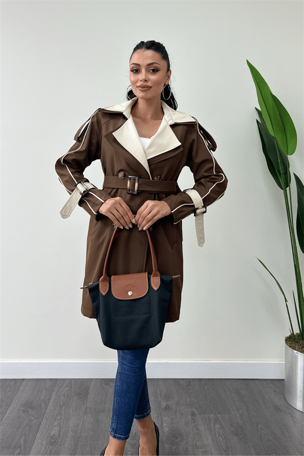 Bondit Kumaş Tasarım Trençkot - KAHVERENGİ