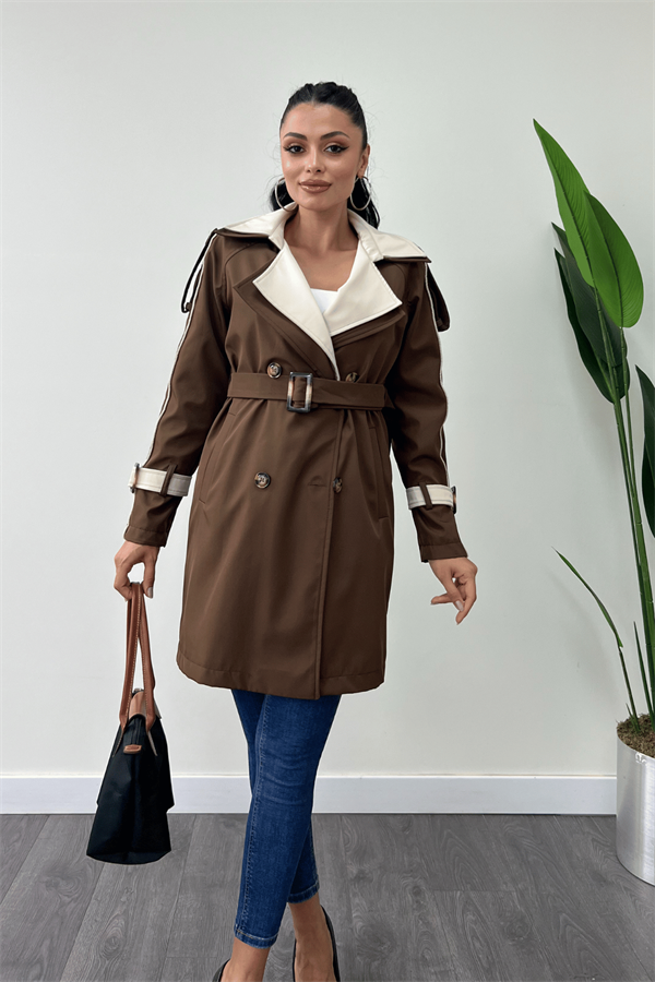 Bondit Kumaş Tasarım Trençkot - KAHVERENGİ