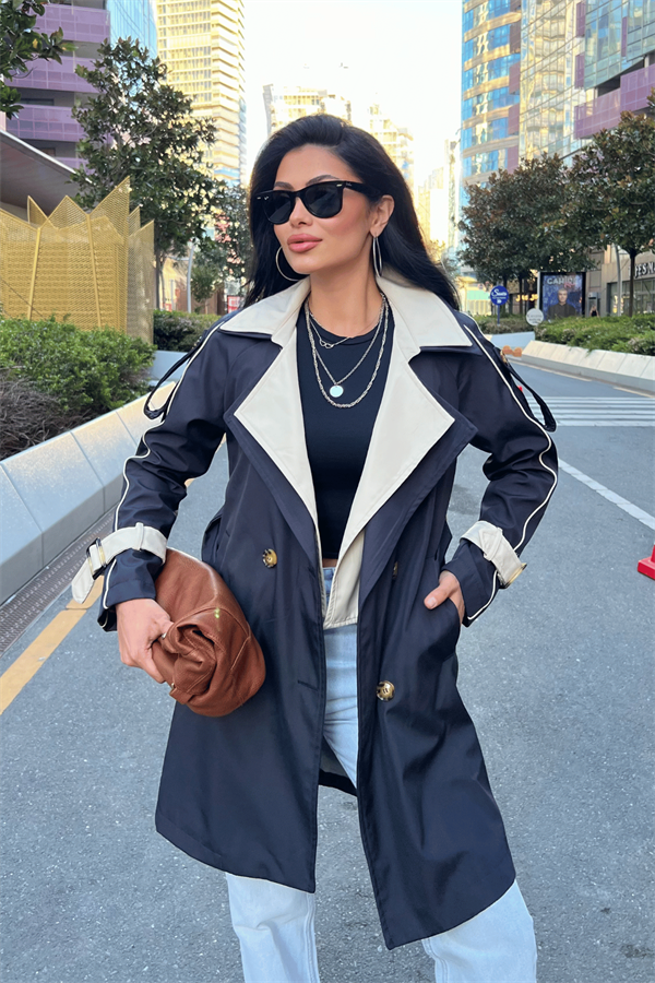 Bondit Kumaş Tasarım Trençkot - LACİVERT