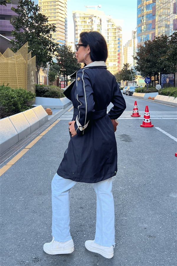 Bondit Kumaş Tasarım Trençkot - LACİVERT