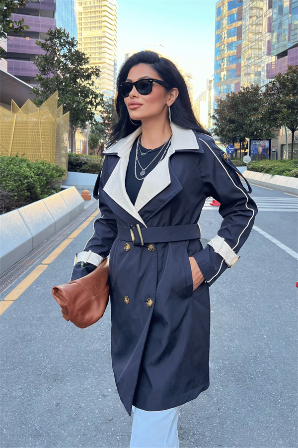 Bondit Kumaş Tasarım Trençkot - LACİVERT