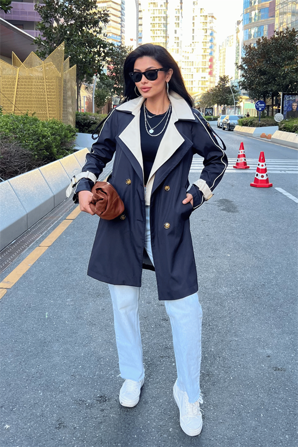 Bondit Kumaş Tasarım Trençkot - LACİVERT