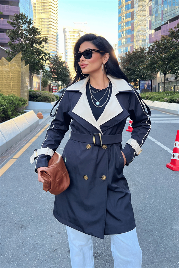 Bondit Kumaş Tasarım Trençkot - LACİVERT