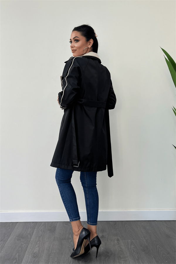 Bondit Kumaş Tasarım Trençkot - SİYAH