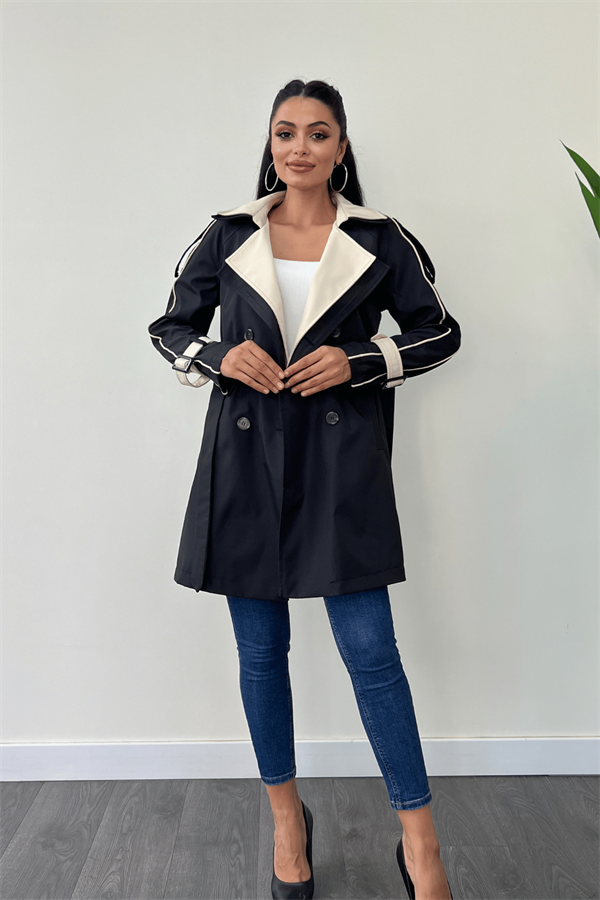 Bondit Kumaş Tasarım Trençkot - SİYAH