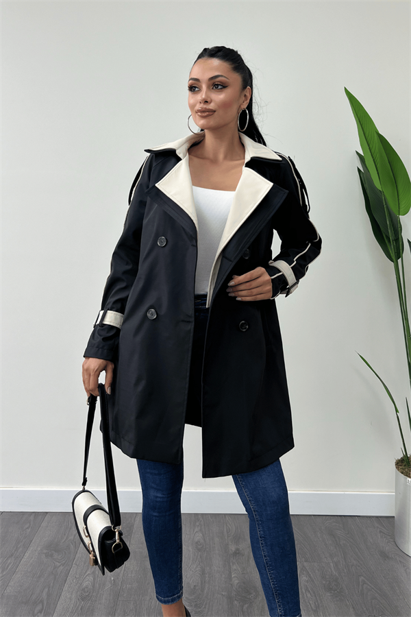 Bondit Kumaş Tasarım Trençkot - SİYAH