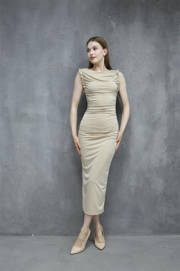 Buzi Kumaş Büzgü Detaylı Kalem Elbise - BEJ