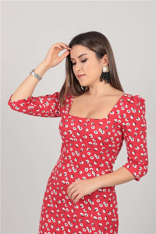 Flower Pattern Slit Detailed Dress - Red